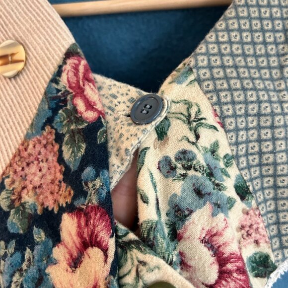 Vintage DIY Grandma Sweatshirt Cardigan M? Blue Shawl Collar Patchwork Button Up - Picture 5 of 10